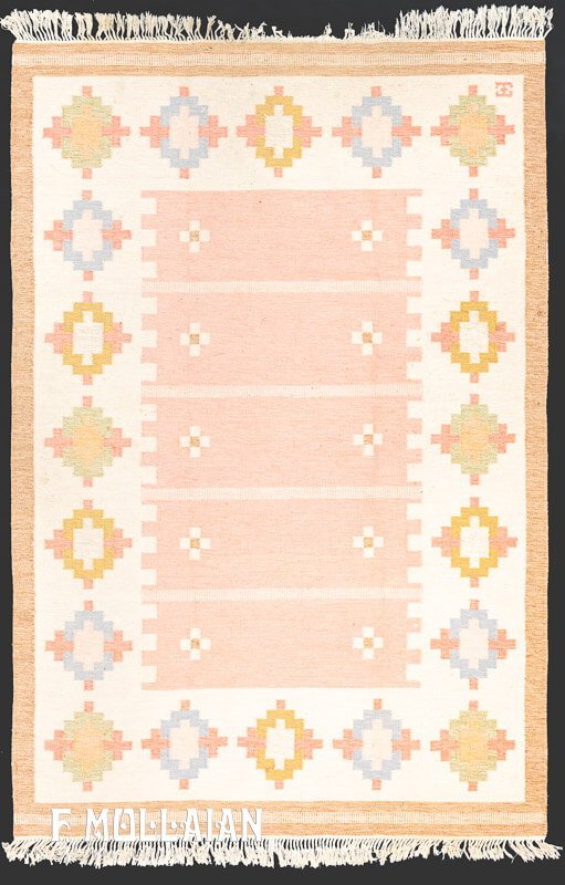 Tappeto Scandinavo Vintage Svedese (a tessitura piatta) Firmato “G.G” Con Disegno Moderno e Fondo Beige Pesca Chiara n°:81475618
